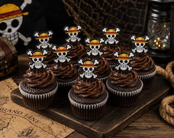 One Piece Inspired Jolly Roger Cupcake Toppers | Anime Birthday Party Decorations | 3D Printed Cupcake Picks | Set of 6 or 12