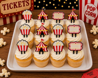 Carnival Cupcake Toppers – Set of 6 or 12 – Fair Birthday Decor – Movie Night Decor