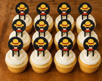 Luffy-Inspired Cupcake Toppers | Anime Birthday Party Decorations | 3D Printed Cupcake Picks | Set of 6 or 12