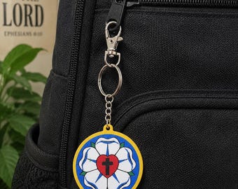 Luther Rose Keychain – 3D Printed Lutheran Gift – Reformation Rose Charm – Christian Backpack Accessory
