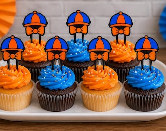 Blippi Hat & Glasses Inspired Cupcake Toppers | Orange Blue Birthday Party Decor | Toddler Birthday Cupcake Picks | Set 6 or 12