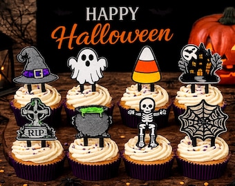 Halloween Cupcake Toppers | Ghost, Pumpkin, Skeleton, Haunted House, Mummy, Witch Decorations