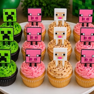 Minecraft Inspired Creeper, Pig & Sheep Cupcake Toppers | Gamer Birthday Party Decorations | 3D Printed Cupcake Picks | Set of 6 or 12