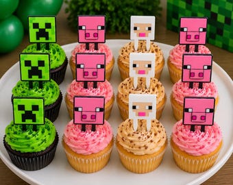 Minecraft Inspired Creeper, Pig & Sheep Cupcake Toppers | Gamer Birthday Party Decorations | 3D Printed Cupcake Picks | Set of 6 or 12