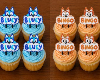 Bluey & Bingo Inspired Cupcake Toppers – Set of 6 or 12 – Kids Cartoon Treat Decor