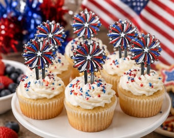 Patriotic Fireworks Cupcake Toppers | Red White & Blue Party Decorations | 4th of July Cupcake Picks