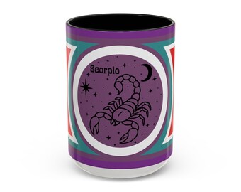 May include: A white ceramic mug with a black interior. The mug features a Scorpio zodiac design with a scorpion illustration, the word "Scorpio", stars, and a crescent moon. The design is set against a purple background.