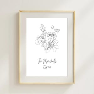 Custom Birth Month Flower Line Art | Digital Wall Art | Custom Family Print | Personalised Floral Bouquet