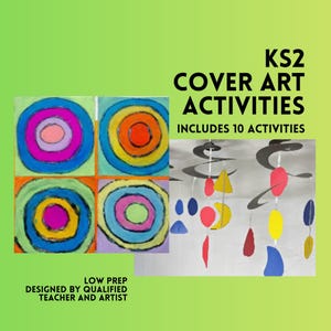 Könnte beinhalten: Bildungsressource mit dem Titel KS2 COVER ART ACTIVITIES INCLUDES 10 ACTIVITIES LOW PREP DESIGNED BY QUALIFIED TEACHER AND ARTIST. Das Bild zeigt vier quadratische Gemälde mit konzentrischen Kreisen in leuchtenden Farben und hängende Mobiles.