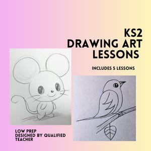 Puede incluir: Recurso educativo titulado KS2 DRAWING ART LESSONS, INCLUDES 5 LESSONS, LOW PREP DESIGNED BY QUALIFIED TEACHER. El gráfico presenta dos bocetos a lápiz: un ratón de dibujos animados con orejas grandes y un pájaro posado en una rama.