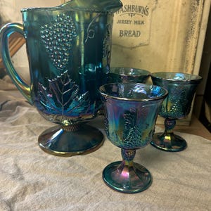 Vintage Indiana Carnival Glass Pitcher with Drinking Glasses