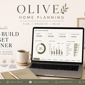 May include: A laptop displays a budget dashboard with financial data, graphs, and charts. The image promotes a self-build budget planner, with text that reads "The Ultimate Self-Build Budget Planner". A coffee mug, notebook, and pen are also visible.