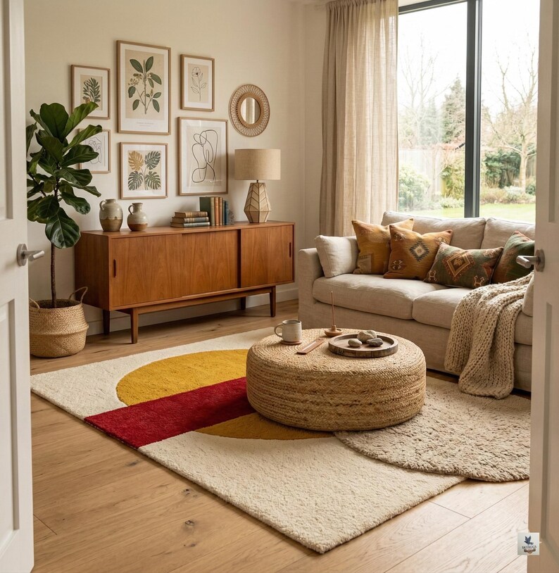 May include: A cozy living room scene with a beige sofa, a round woven coffee table, and a colorful rug. The rug features a geometric design with yellow, red, and white sections. Artwork and a wooden cabinet add to the room's decor.