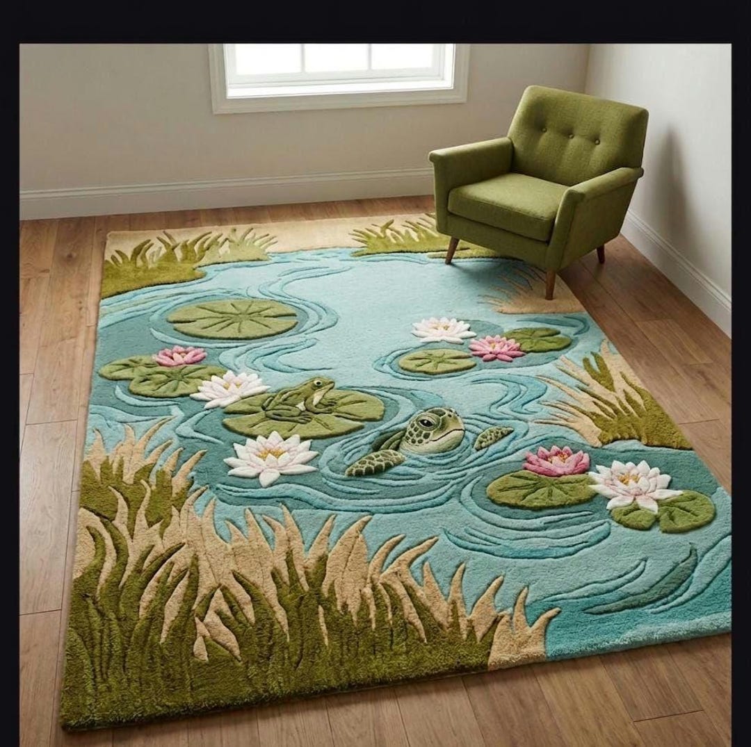 Pond Colors Rug Hand-tufted 3D Water Lily Pond Rug - Large Custom Area Rug - Green Frog ...