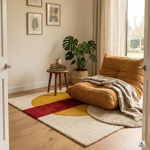May include: A modern living room scene featuring a geometric rug with cream, yellow, and red sections. A cozy, mustard-colored lounge chair is draped with a patterned blanket. A small wooden side table holds books and a mug, with framed botanical prints on the wall.