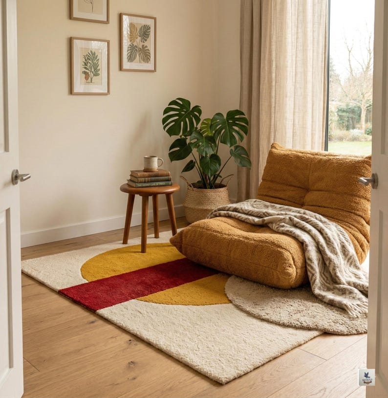 May include: A modern living room scene featuring a geometric rug with cream, yellow, and red sections. A cozy, mustard-colored lounge chair is draped with a patterned blanket. A small wooden side table holds books and a mug, with framed botanical prints on the wall.