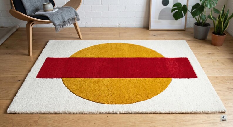 May include: A rectangular rug with a white background, featuring a large yellow circle intersected by a red rectangle. The rug is placed on a wooden floor, with a chair and plants in the background.