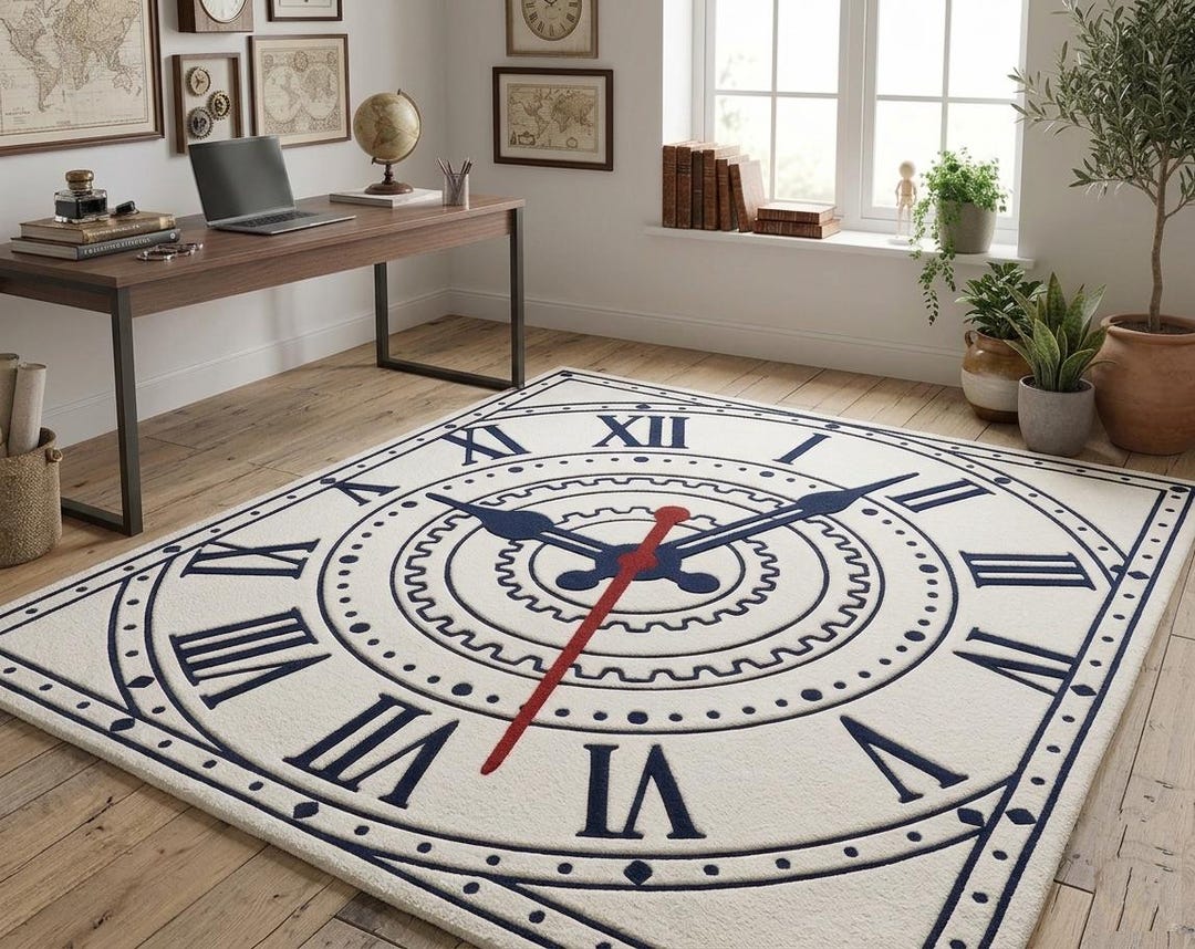 Hand-tufted Round Clock Rug, Roman Numeral Office Decor, Steampunk ...