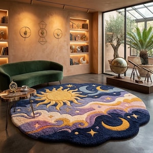 Puede incluir: Una alfombra redonda con un diseño celestial de mechones que presenta un sol amarillo central, una luna creciente y nubes arremolinadas en tonos azul oscuro, morado y crema. La alfombra está decorada con pequeñas estrellas amarillas.