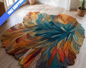 Ghibli Style Rug, Teal Orange Wool for Boho Living Room, Irregular Sculpted High Pile
