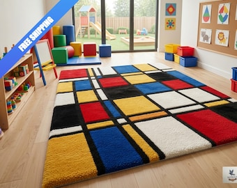 Y2K style rug, Mondrian-inspired Bauhaus decor, Hand-carved primary color design