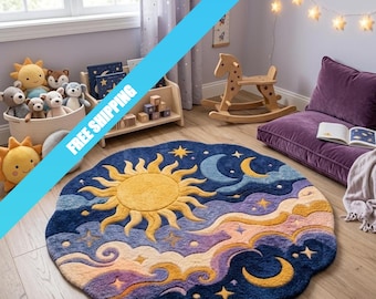 Celestial sunmoonrug, Hand-tufted wool carpet, 3D cosmic nursery decor