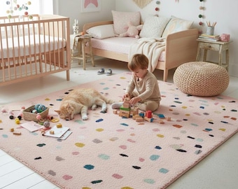 Handmade Pink Abstract Playroom Rug – Cozy Nursery Carpet with Colorful Shapes