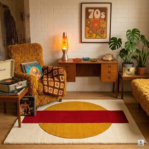 May include: A retro-themed living room with a shag rug featuring a yellow circle and red stripe. A brown shag chair, a lava lamp, and a framed "70s" print add to the vintage aesthetic. A record player and albums are also visible.