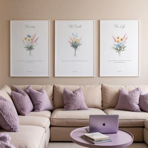 Christian Floral Set of 3, The Way, The Truth, The Life, Bible Verse Wall Print, Botanical Scripture, Christian Wall Art, Minimal Home Decor