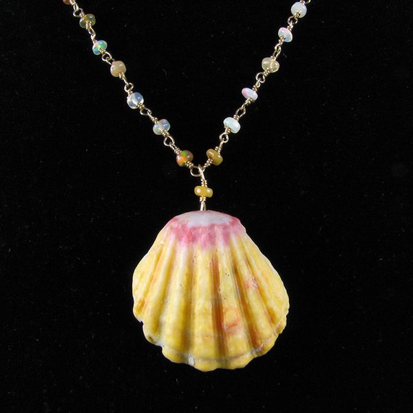 Kauai sunrise shell, opal gold chain, fire opals, gold filled chain, rare yellow shell, hawaiian jewelry