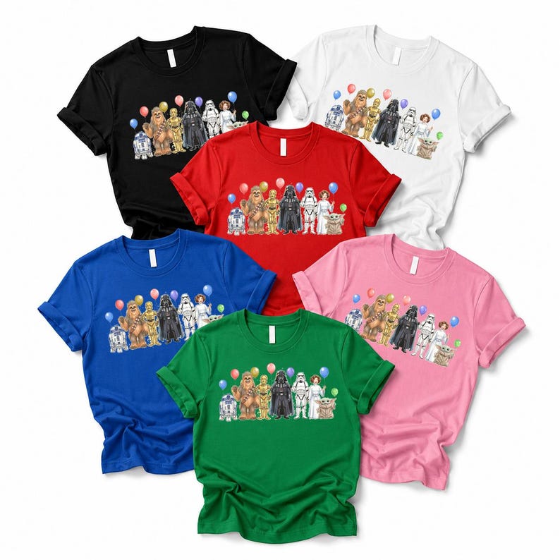 May include: A collection of short-sleeved t-shirts in various colors, including black, red, white, blue, green, and pink. Each shirt features a colorful graphic of Star Wars characters with balloons, suitable for fans of the franchise.
