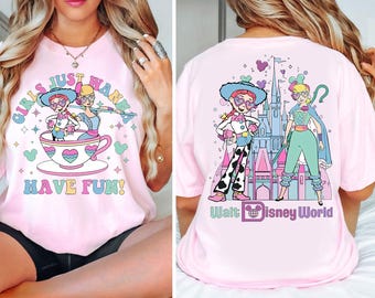 Camiseta de Disney "Girls Just Wanna Have Fun", camiseta de Jessie y Bo Peep, camiseta de Toy Story Land, atuendo de vacaciones familiares en Walt Disney World