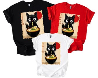 Black Cat Ramen T-Shirt, Japanese Noodle Cat Tee, Kawaii Anime Kitten Shirt, Cute Meow Ramen Bowl Top, Funny Asian Foodie Shirt, Maneki Neko