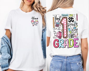 Camiseta de regreso a clases para primer grado para maestros y estudiantes, camiseta para maestros de primer grado, camiseta del equipo de primer grado, atuendo para el primer día de clases.