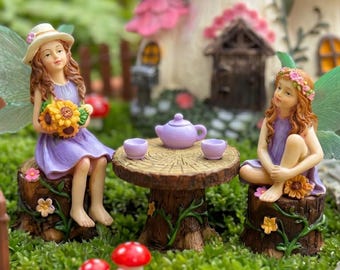 2 Miniature Fairies Sitting at Table with Mini Tea Pot Set - Fairy Garden Accessories, Dollhouse Supplies, Mini Garden Decor