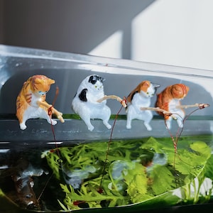 7 pcs Fishing Cats with a fishing rod Miniature Figurine Toys, fish tank decor, Aquarium Decor, Black Cat Figurine Fairy Charm, fairy garden