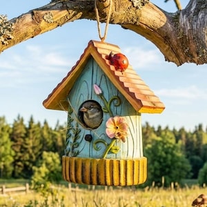 Niedliches blaues Blumenvogelhaus rustikaler Nistkasten klein bemaltes Vogelhaus Frühling Sommer Garten Natur Dekor