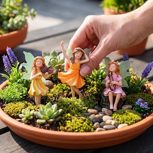 May include: Three miniature fairy figurines with wings, one in a yellow dress playing a violin, one in an orange dress dancing, and one in a pink dress playing a lute, arranged in a round terracotta planter with succulents, moss, and pebbles.