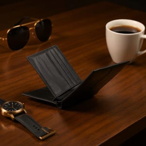 Personalised Full Grain Leather Engraved Men&#39;s Trifold Wallet, Custom Real Leather Black Wallet, Zip Coin Pocket Christmas Birthday Dad Gift