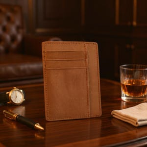 Personalized Minimalist Engraved Crazy Horse Leather Mens Card Holder, Slim Leather Wallet Gift for Him, Custom Small Brown Credit Card Case
