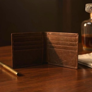 Custom Handmade Bifold Leather Engraved Mens Wallet, Crazy Horse Leather Slim Rustic Brown Wallet, Distressed Personalised Name Gift for Him