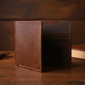 Personalized Leather Engraved Men&#39;s Slim Wallet, Crazy Horse Leather Dark Brown ID Holder Wallet, Distressed Custom Accessories Gift for Him