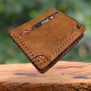Personalized Custom Engraved Leather Men's Wallet, Memory Father, Anniversary Gift Genuine Brown Crazy Horse Leather Credit Card Case Holder