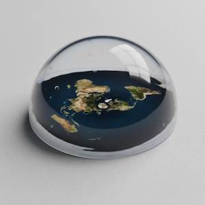 Puede incluir: Un pisapapeles transparente en forma de cúpula que presenta un mapa detallado del mundo. Los continentes se muestran en tonos marrones y verdes, rodeados por un océano azul oscuro. El pisapapeles es de vidrio y está sobre una superficie blanca.