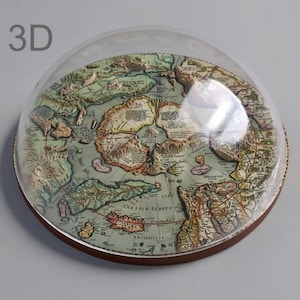 Gran pisapapeles tridimensional con cúpula de mapa de Hyperborea, Atlantis y el Polo Norte de Mercator, de 4 pulgadas de diámetro.