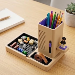 May include: A beige desk organizer featuring a tall pen holder with a purple interior, a black tray with small building blocks, a small compartment containing a coiled measuring tape, and a small platform holding a miniature plastic figure.