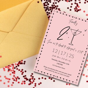 21st Birthday Invitation Pink Heart Martini – Editable Canva Template – Printable Digital Invite for Her – Instant Download Party Invite