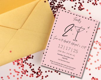 21st Birthday Invitation Pink Heart Martini – Editable Canva Template – Printable Digital Invite for Her – Instant Download Party Invite