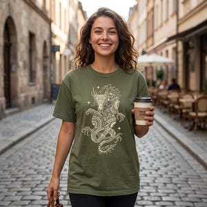 Mythic Dragon Boho Sun Symbol Graphic Tee, Spiritual Fantasy Art Shirt mockup 5