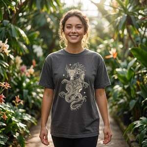 Mythic Dragon Boho Sun Symbol Graphic Tee, Spiritual Fantasy Art Shirt mockup 9